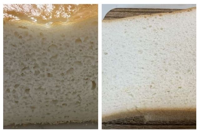 キメが粗い米粉パンと理想のきめ細かい米粉パンの比較