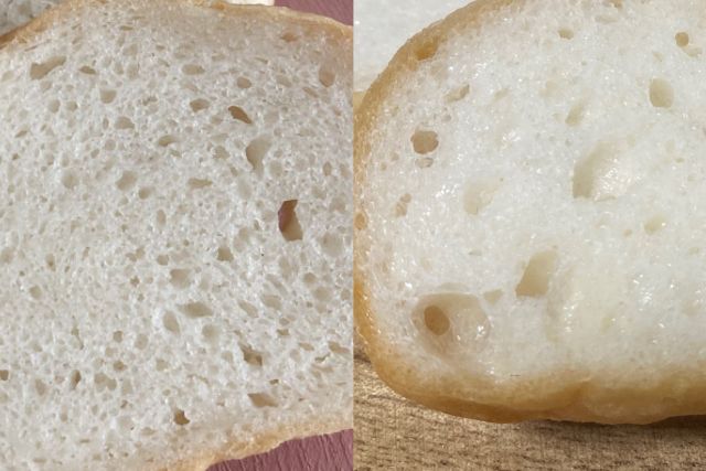 パサつきと乾燥が見られる米粉パンと、水分を保ちしっとりした米粉パンの断面比較